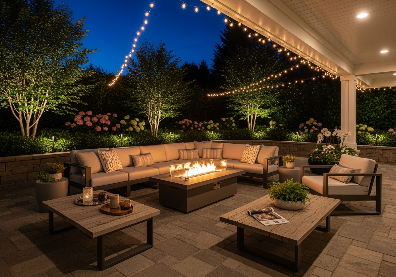 A well-lit residential outdoor living area at night - architect near me residential