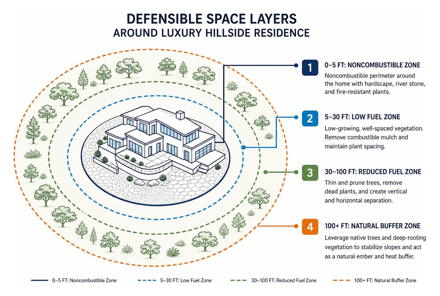 Defensible space layers around luxury hillside residence Defensible space layers around luxury hillside residence