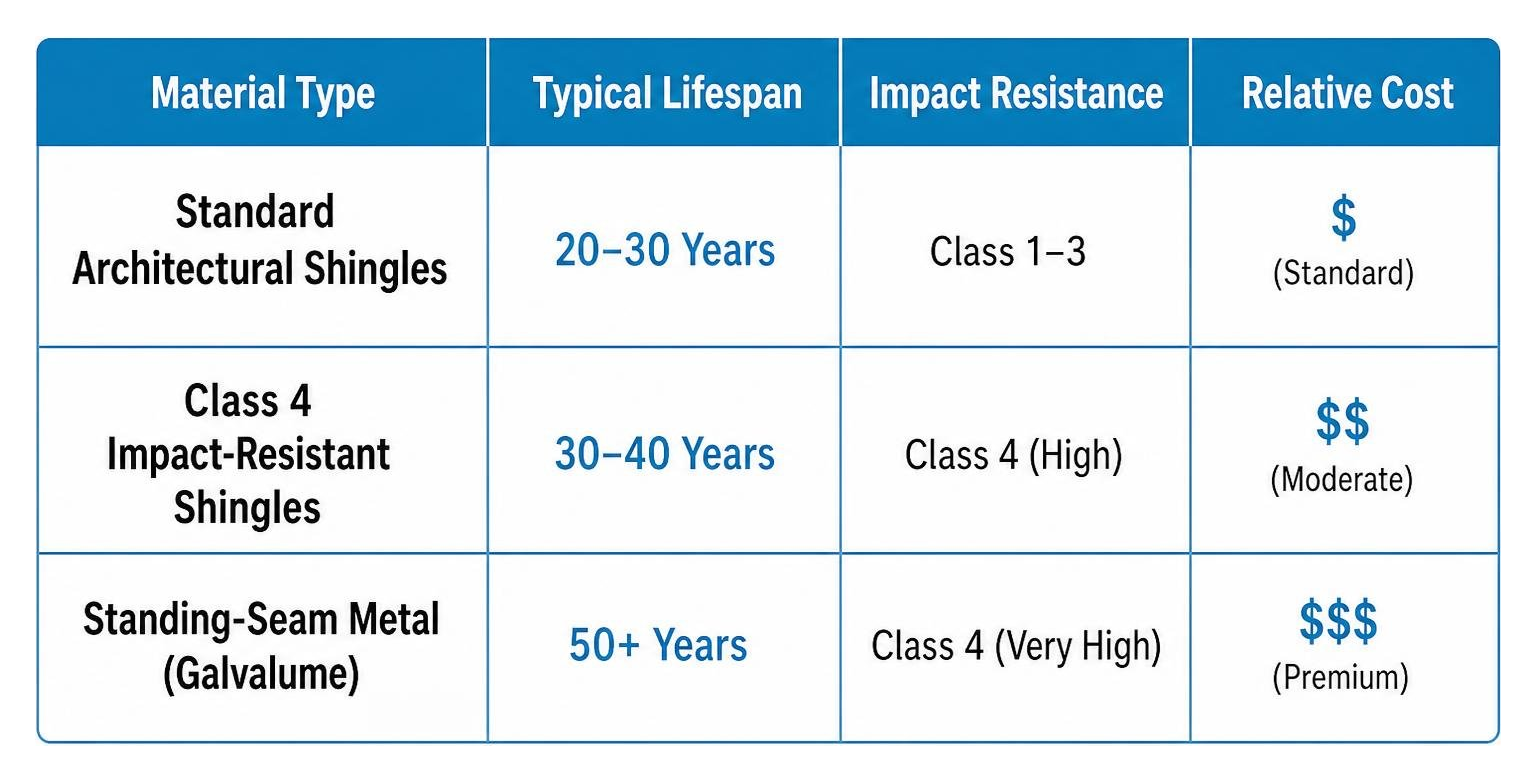 Comparison of roofing materials durability and cost metrics Comparison of roofing materials durability and cost metrics