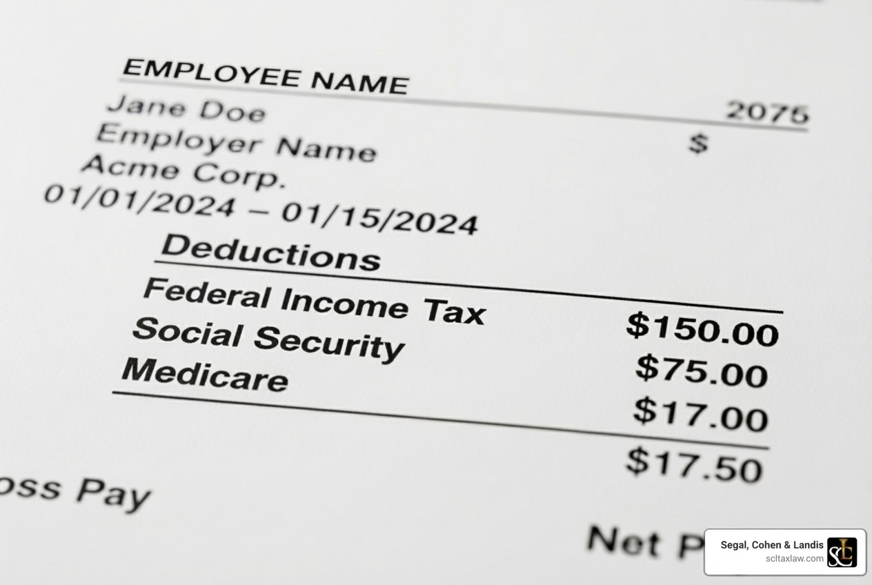 A close-up image of a pay stub highlighting various tax deductions like federal income tax, Social Security, and Medicare - trust fund tax