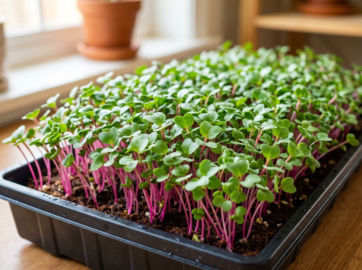 colorful radish microgreens with vibrant pink and green leaves - best microgreens to grow at home