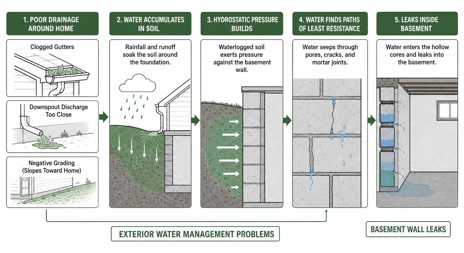 Exterior water management problems causing basement wall leaks Exterior water management problems causing basement wall leaks