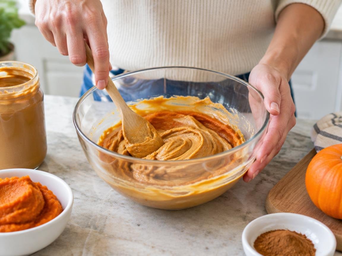 Mixing two wholesome dog treat ingredients in a bowl