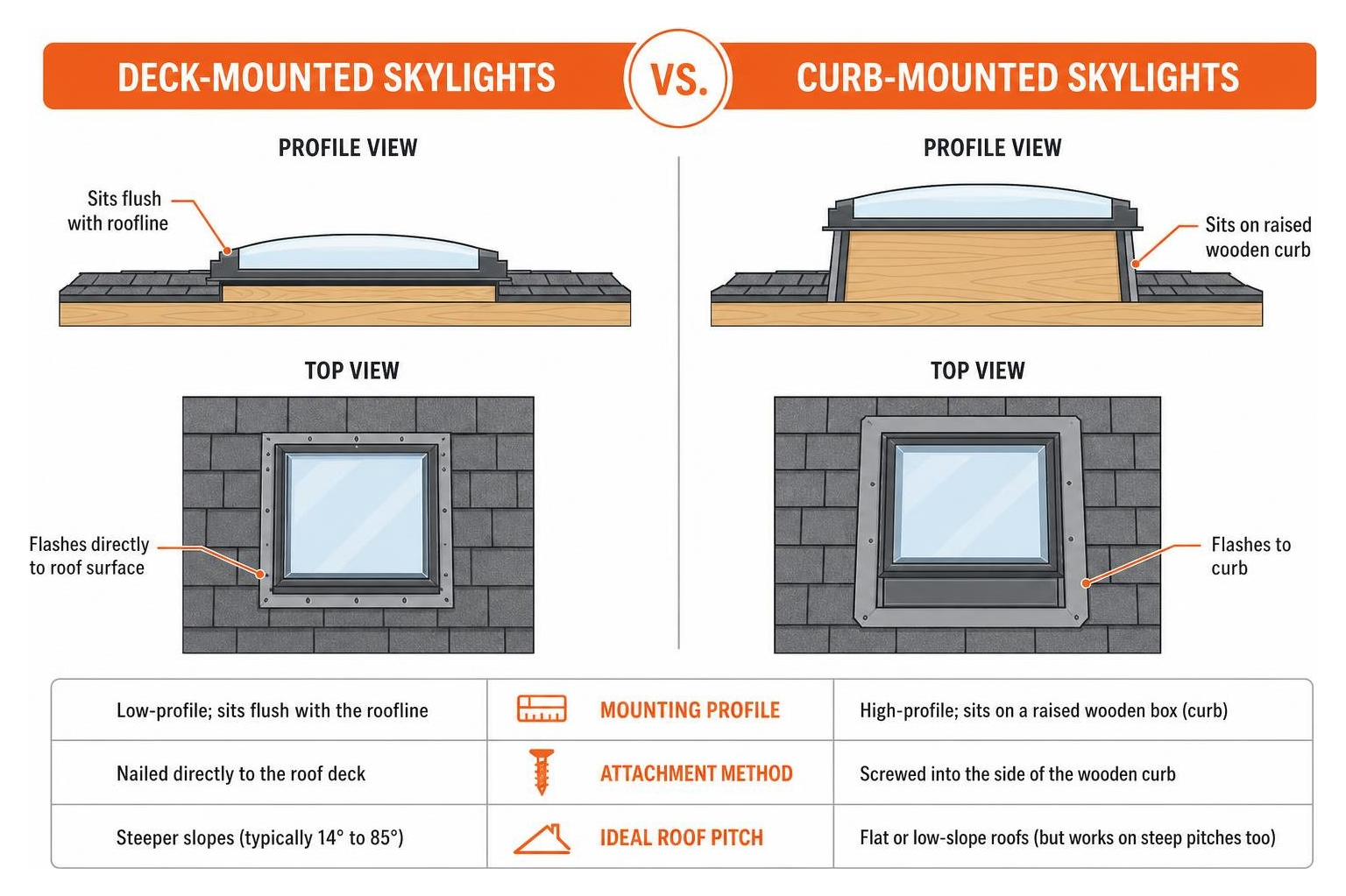 comparison diagram of deck-mounted vs curb-mounted skylights