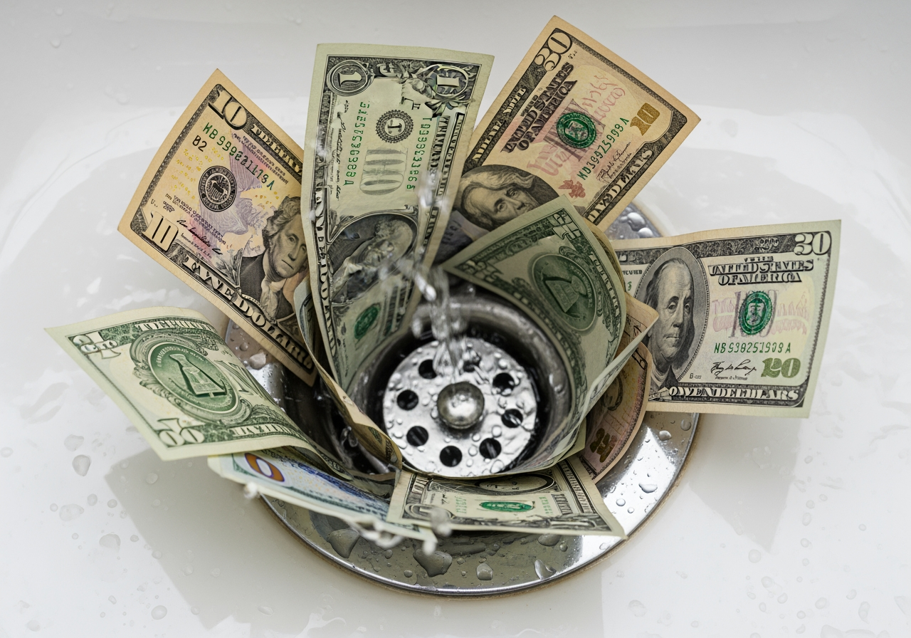 Money bills swirling around a drain, symbolizing wasted ad spend in PPC campaigns, emphasizing the importance of professional audits to improve ROI.
