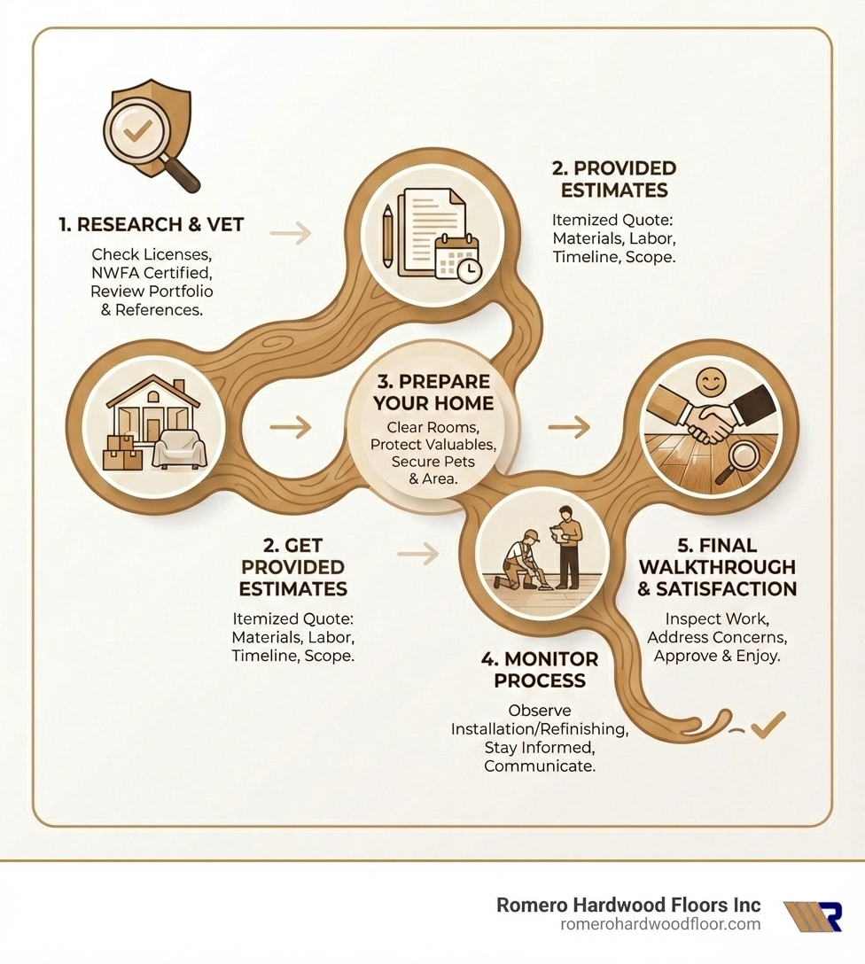 Infographic showing the 5 key steps to a successful hardwood flooring project: 1. Research and vet contractors with proper credentials, 2. Get detailed written estimates and timelines, 3. Prepare your home by clearing rooms and protecting valuables, 4. Monitor the installation or refinishing process, 5. Complete a final walkthrough and ensure satisfaction - wood floors contractors infographic 