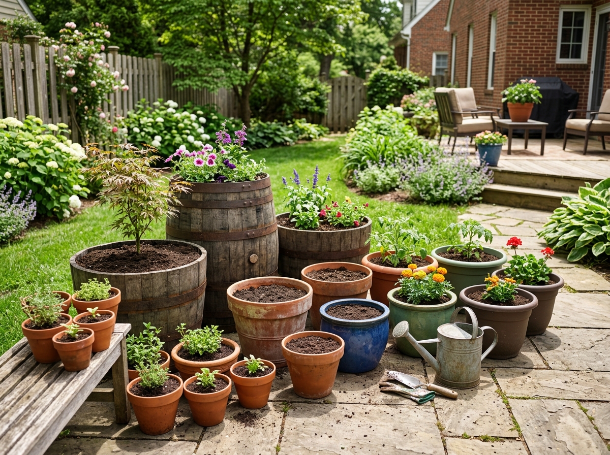 Various container sizes for gardening from small pots to large whiskey barrels - Growing cucumbers containers