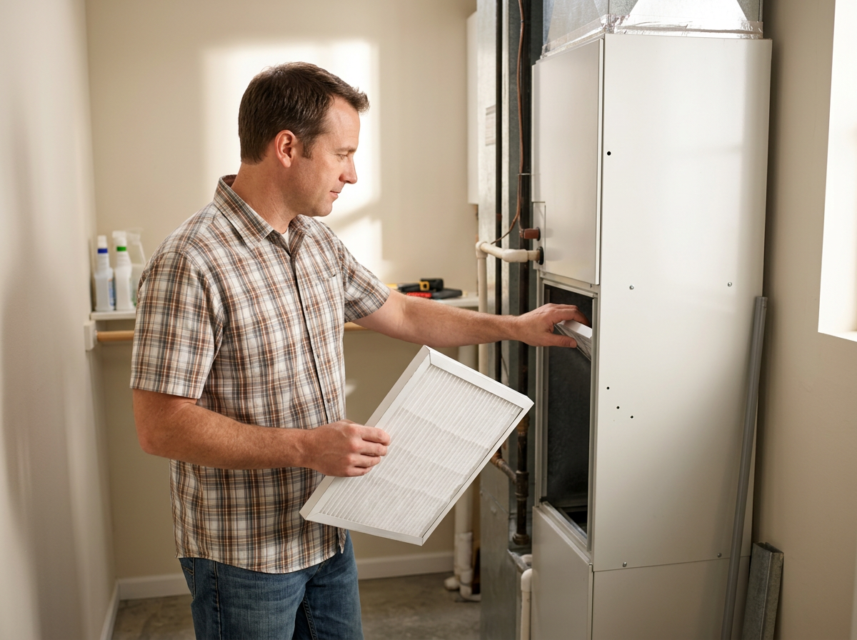 Homeowner replacing a pleated HVAC air filter