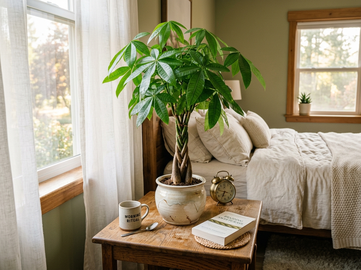A lush braided money tree on a bedside table with morning sunlight - money tree purifies air A lush braided money tree on a bedside table with morning sunlight - money tree purifies air