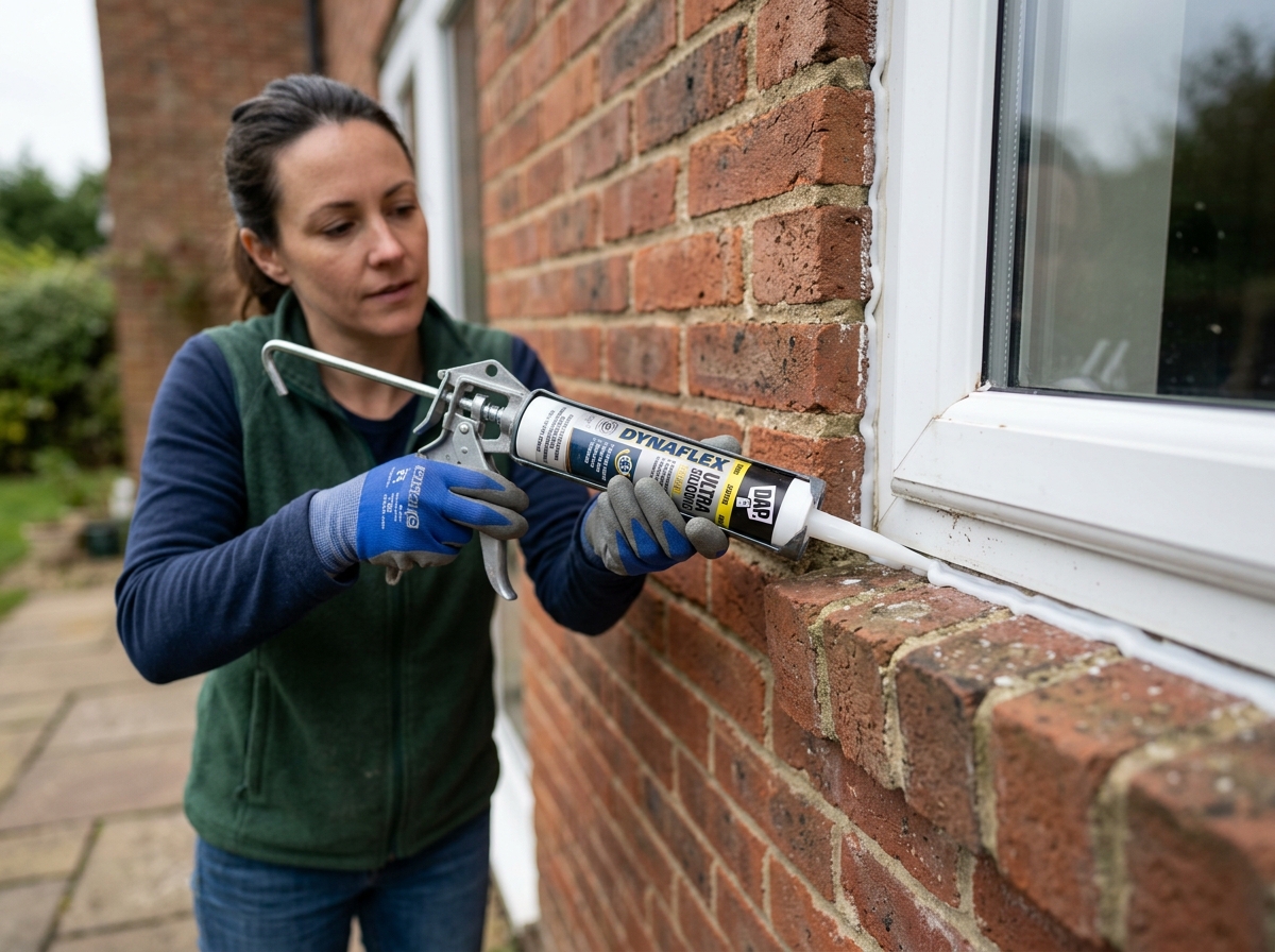 A homeowner applying a fresh bead of silicone sealant to the exterior edge of a window frame - draft proofing double glazed