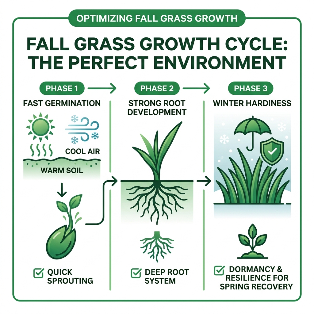 Infographic showing fall grass growth cycle: warm soil plus cool air leads to fast germination, strong root development, and