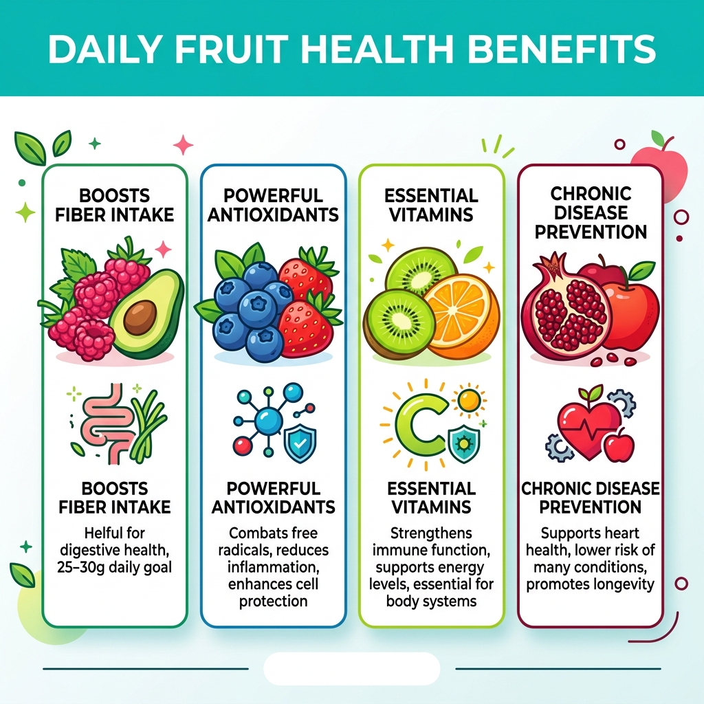 Infographic showing daily fruit health benefits including fiber, antioxidants, vitamins, and disease prevention - nutritious