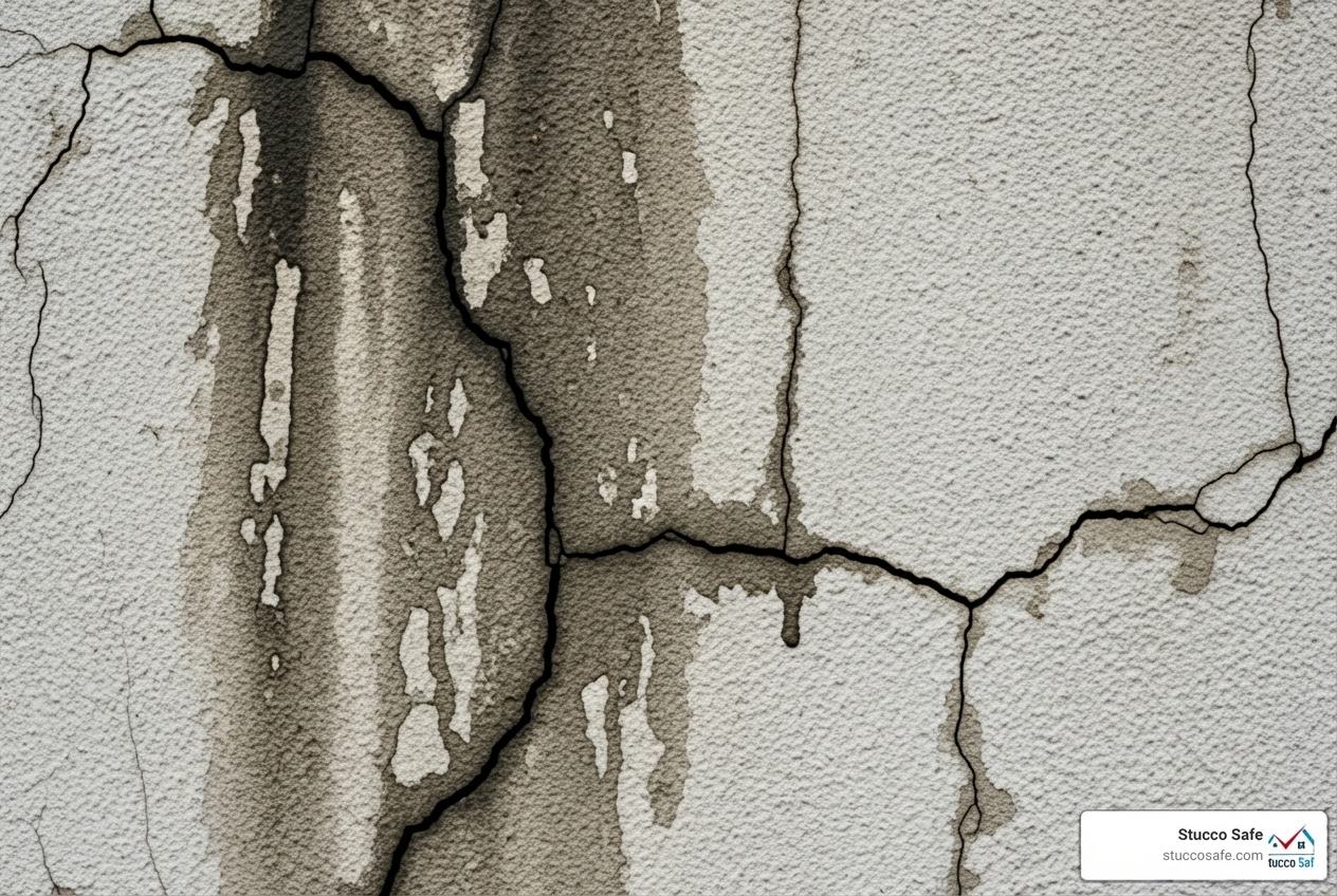 dark staining and cracks on a stucco wall - stucco inspections Camden dark staining and cracks on a stucco wall - stucco inspections Camden