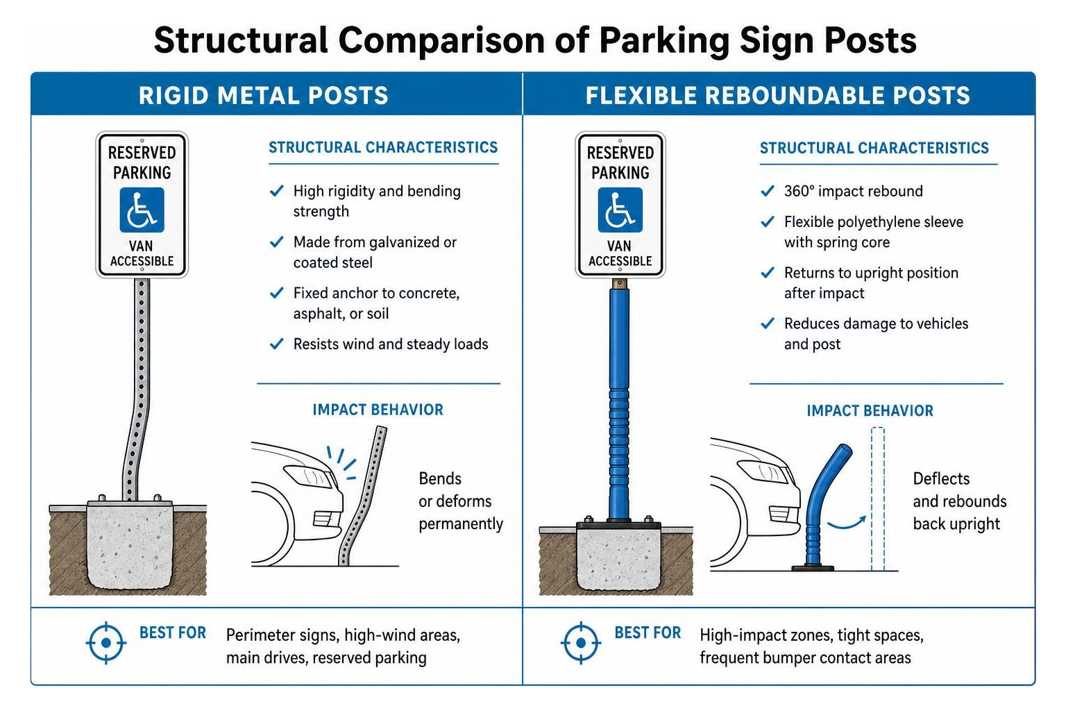 Structural comparison of rigid metal versus flexible reboundable sign posts Structural comparison of rigid metal versus flexible reboundable sign posts