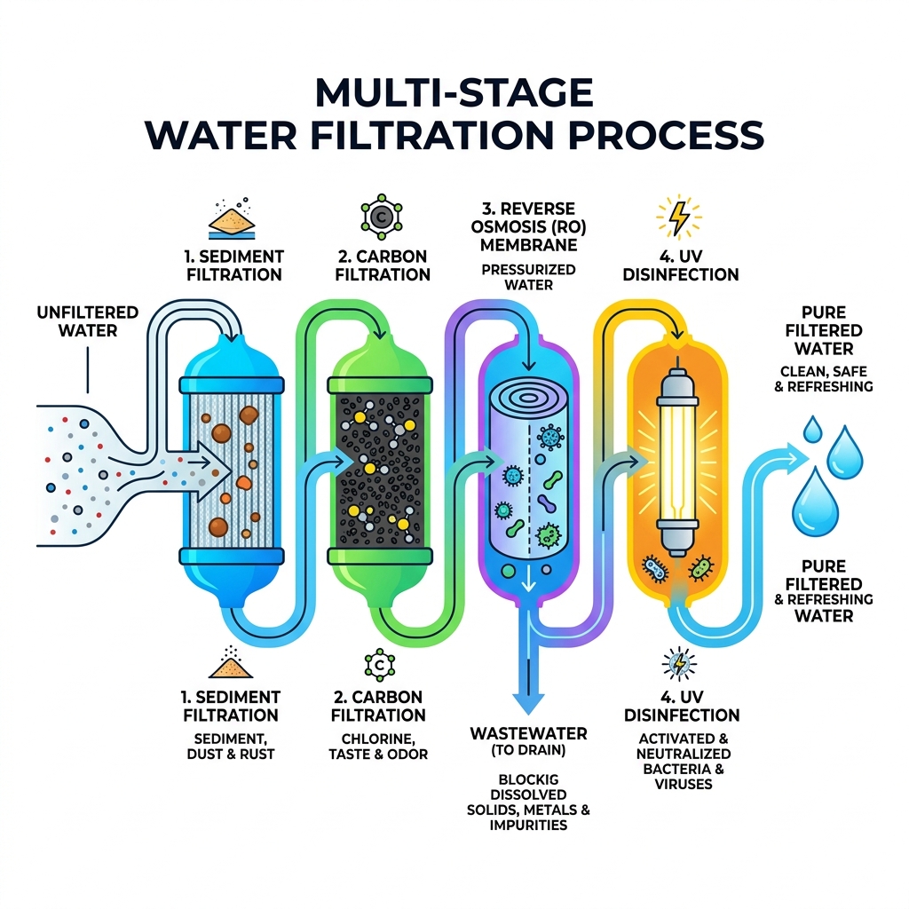 Multi-stage water filtration process infographic showing sediment, carbon, RO membrane, and UV stages - water filtration