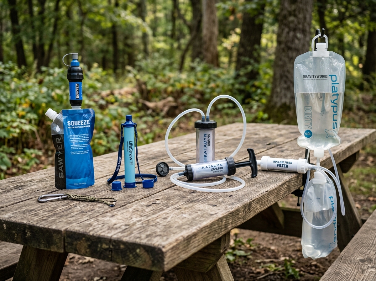 Various water filtration devices on a wooden table: straw, squeeze, pump, and gravity bag - top portable water purifier