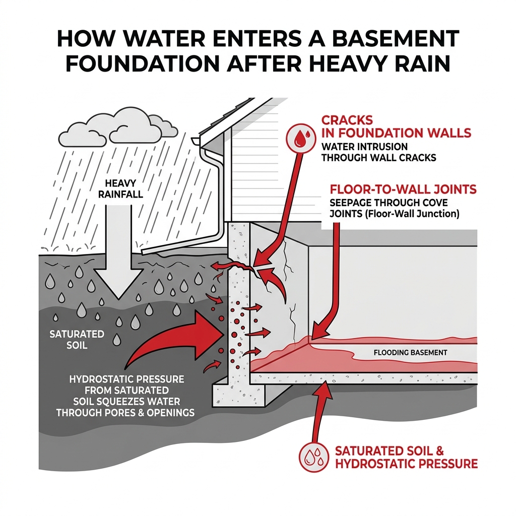 Infographic showing how rainwater enters a basement foundation through cracks, joints, and saturated soil - water leaking Infographic showing how rainwater enters a basement foundation through cracks, joints, and saturated soil - water leaking