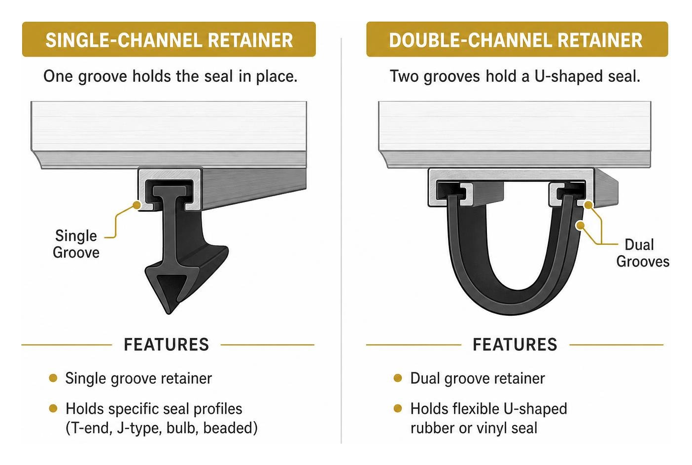 Diagram showing the difference between single-channel and double-channel retainer tracks Diagram showing the difference between single-channel and double-channel retainer tracks