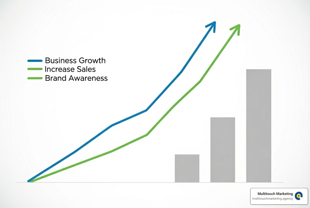 Graph showing upward trends in business growth metrics like sales and brand awareness - social media marketing definition Graph showing upward trends in business growth metrics like sales and brand awareness - social media marketing definition