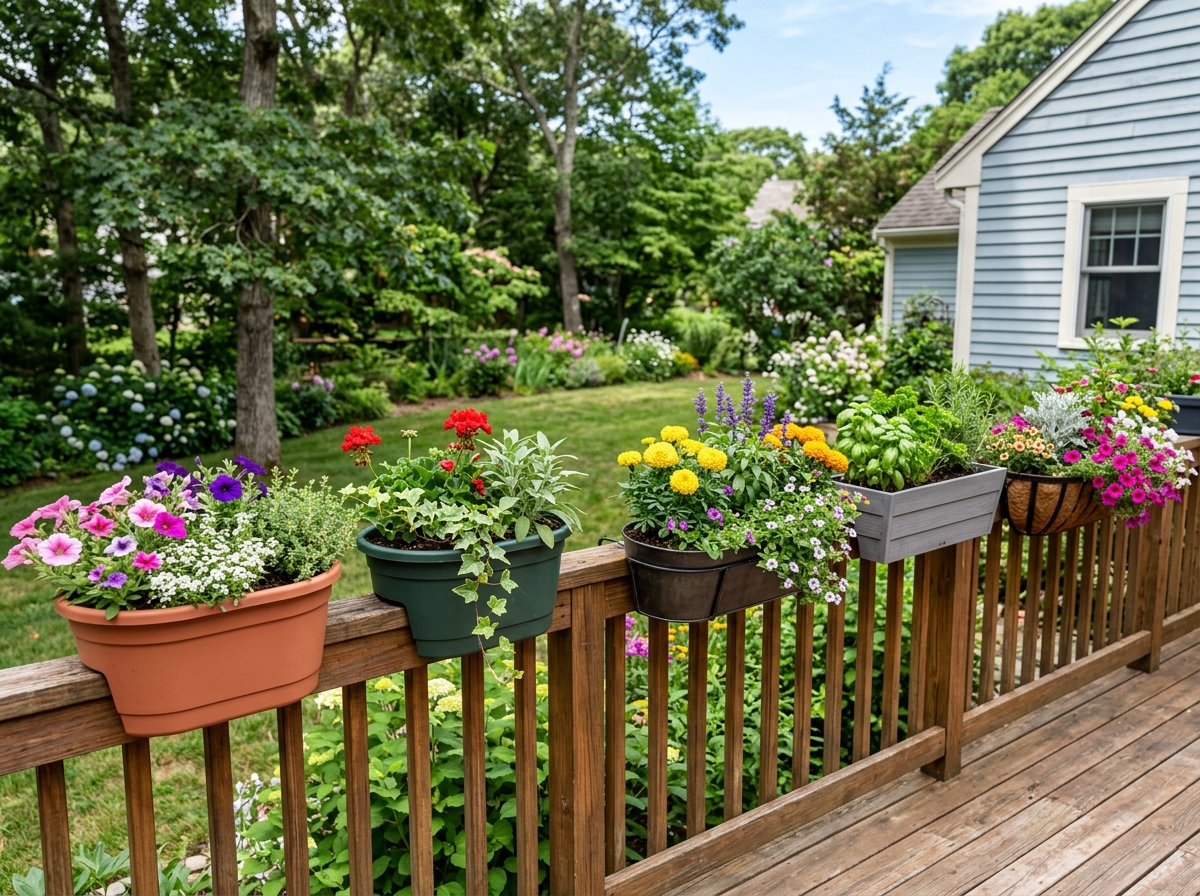 Various planter styles showcased on a wooden deck railing - best railing planters