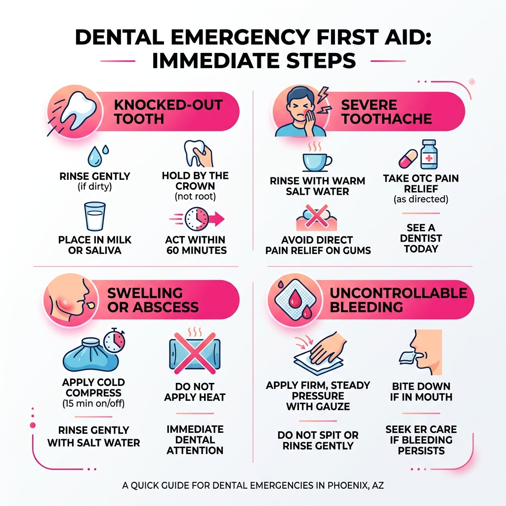 infographic showing dental emergency first-aid steps for knocked-out tooth, toothache, swelling, and bleeding - emergency