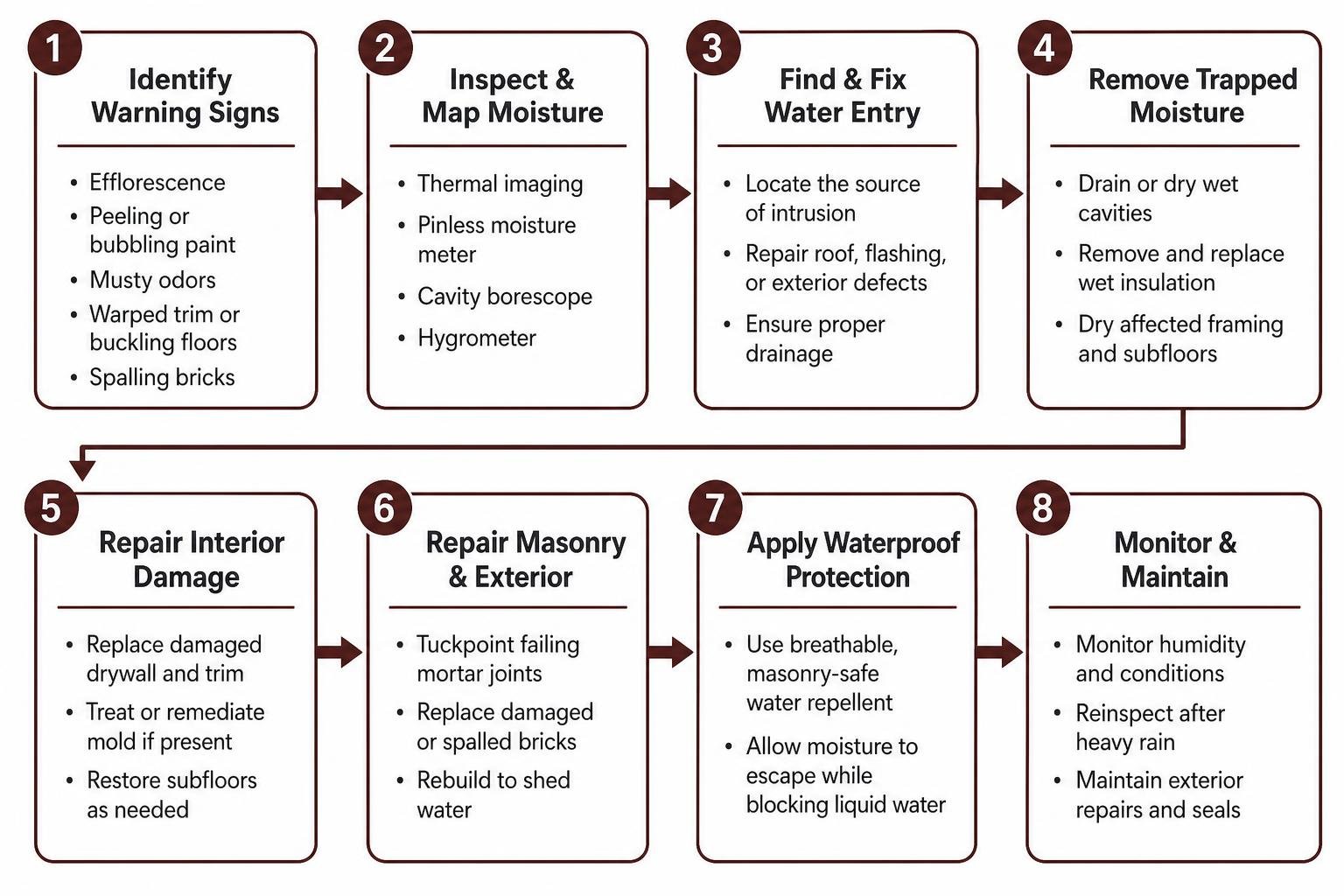 Complete step-by-step brick moisture remediation workflow Complete step-by-step brick moisture remediation workflow