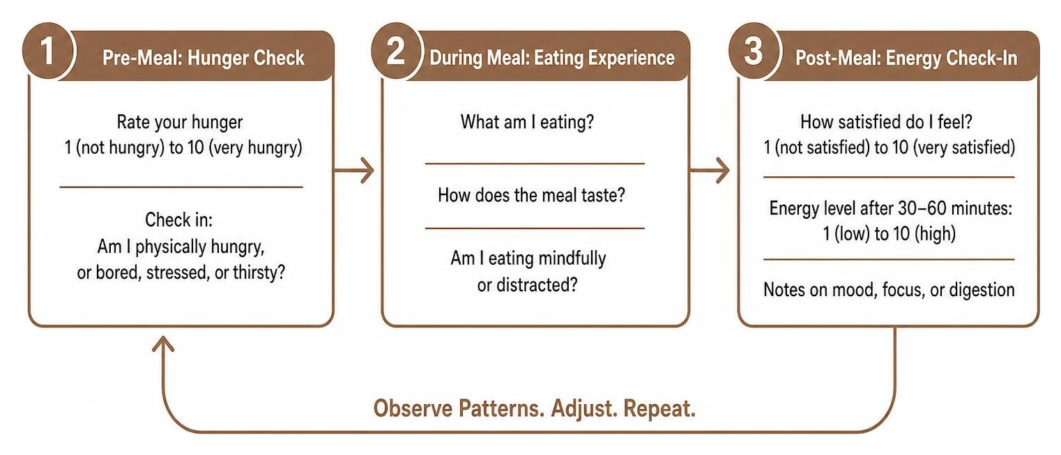 Mindful eating feedback loop showing pre-meal hunger, eating experience, and post-meal energy check-in Mindful eating feedback loop showing pre-meal hunger, eating experience, and post-meal energy check-in