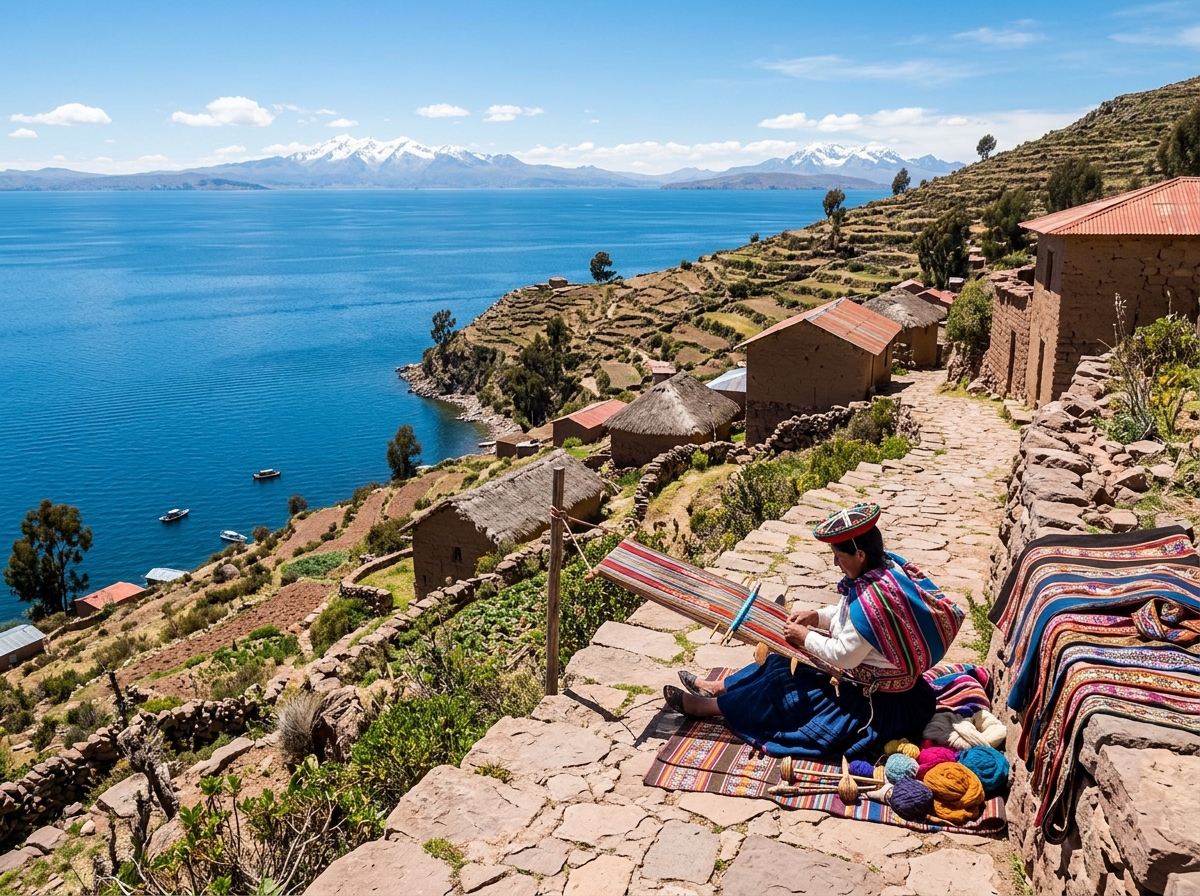 The serene landscape of Taquile Island on Lake Titicaca, where traditional textile arts are a way of life - cultural