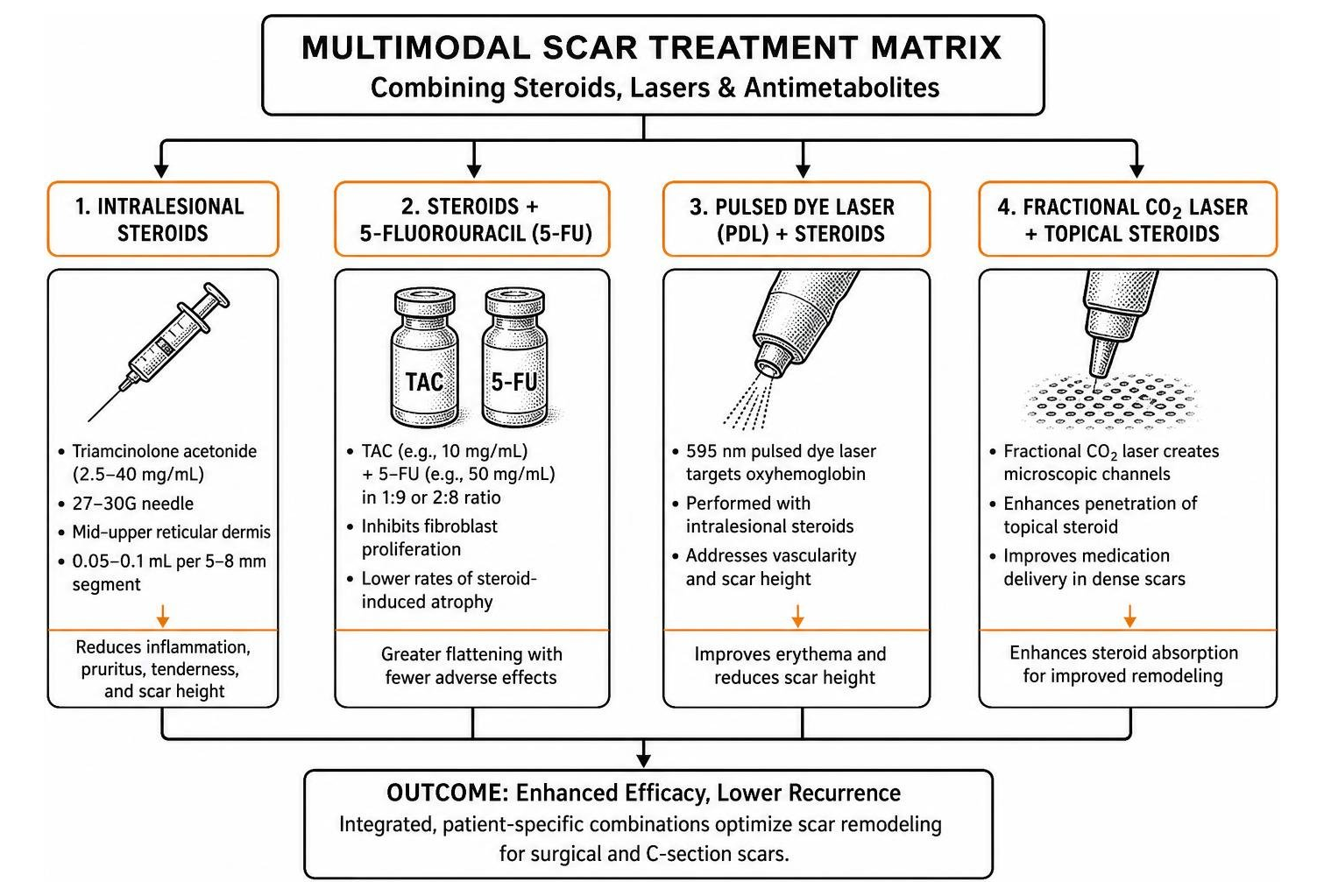 diagram of multimodal scar treatment matrix combining steroids lasers and antimetabolites