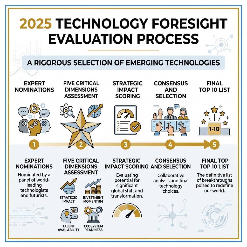 Infographic explaining the 2025 technology foresight evaluation process including expert nominations and strategic impact
