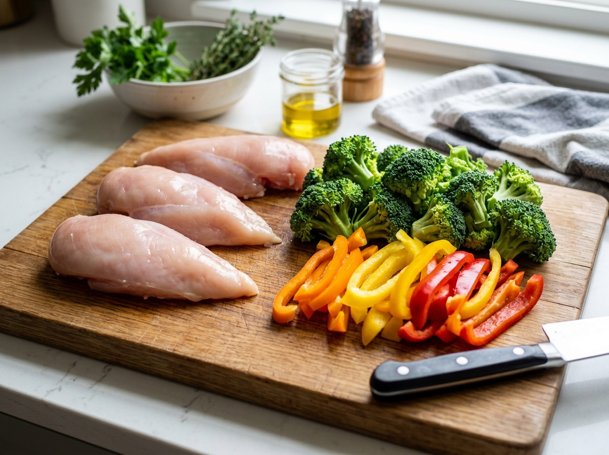 fresh chicken and colorful vegetables on a wooden cutting board - one skillet veggie chicken stir fry