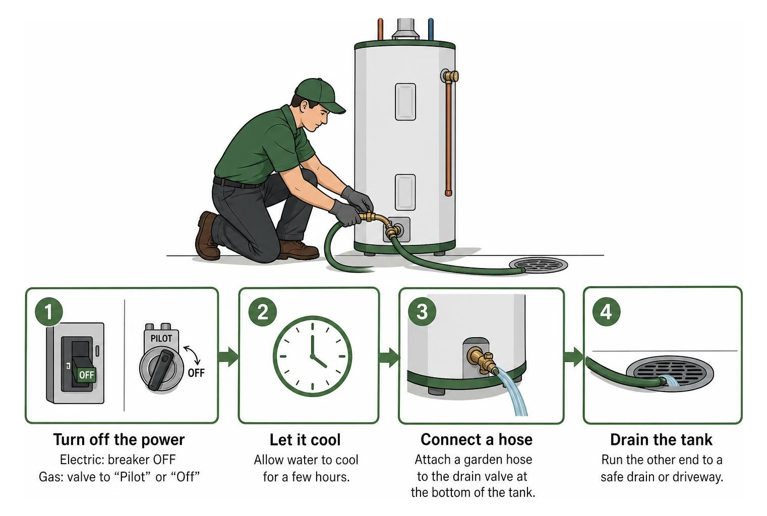 diagram of a professional plumber flushing a water heater tank