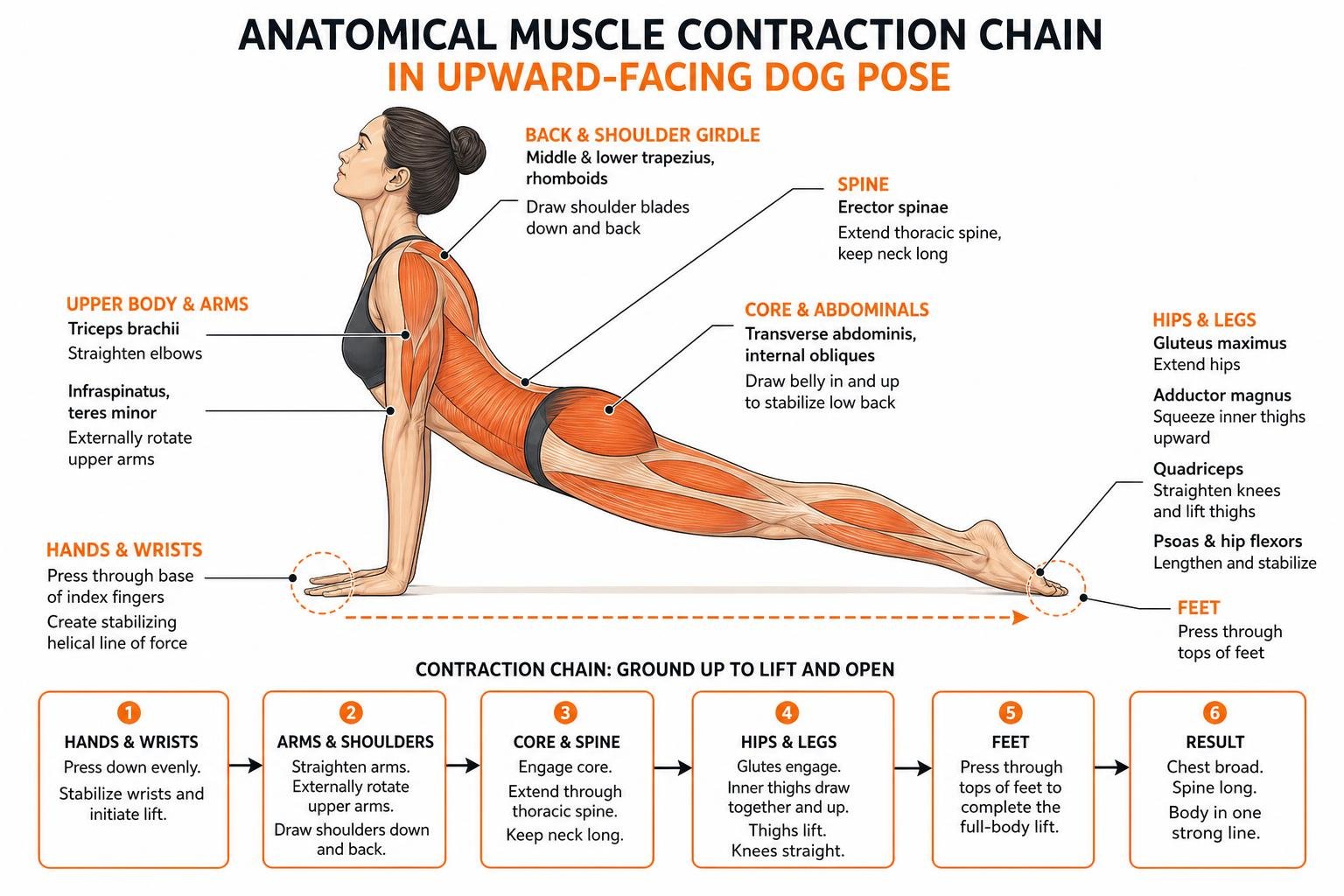 Anatomical muscle contraction chain in Upward-Facing Dog Pose Anatomical muscle contraction chain in Upward-Facing Dog Pose