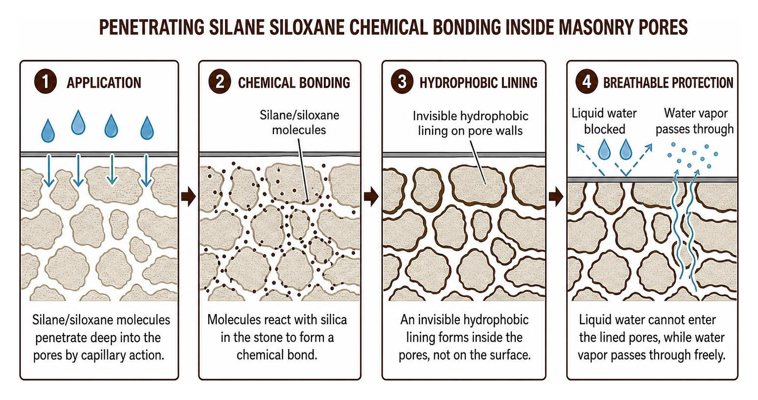 Penetrating silane siloxane chemical bonding inside masonry pores Penetrating silane siloxane chemical bonding inside masonry pores