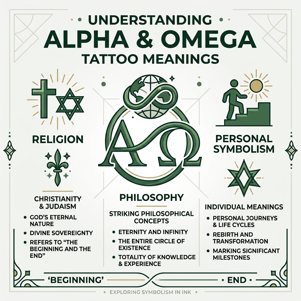 Infographic explaining Alpha and Omega tattoo meanings across religion, philosophy, and personal symbolism - alpha omega Infographic explaining Alpha and Omega tattoo meanings across religion, philosophy, and personal symbolism - alpha omega