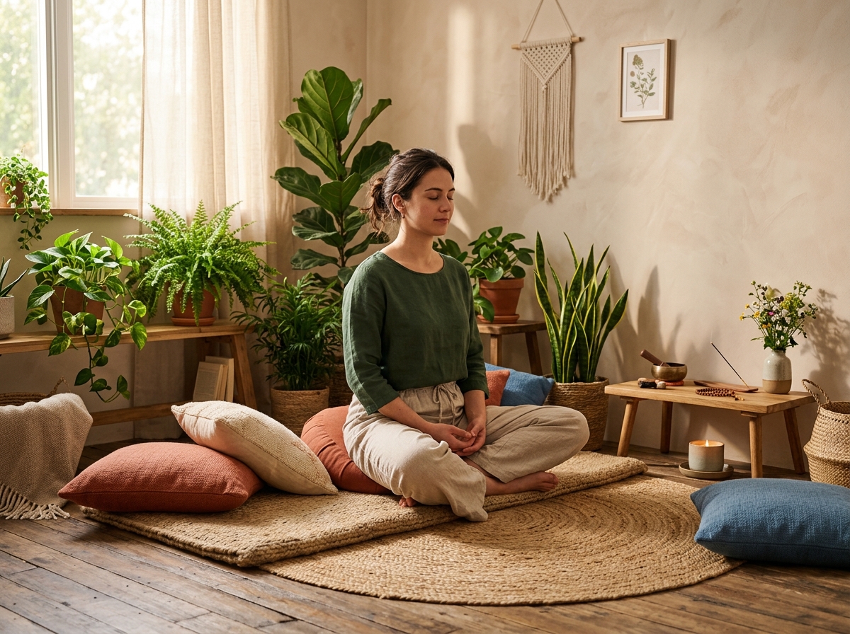 A person sitting in a peaceful meditation space with soft lighting - navigating life after divorce