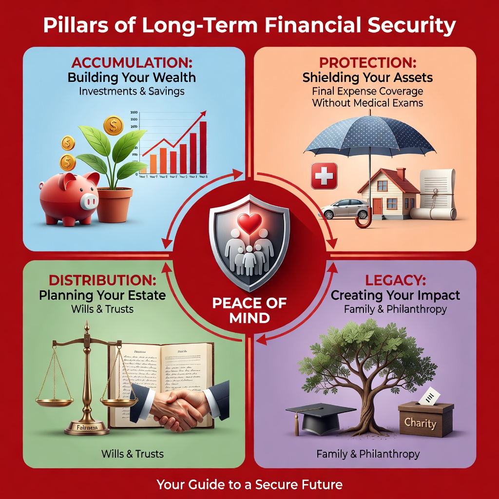 Pillars of long-term financial security - final expense insurance with no medical questions infographic 