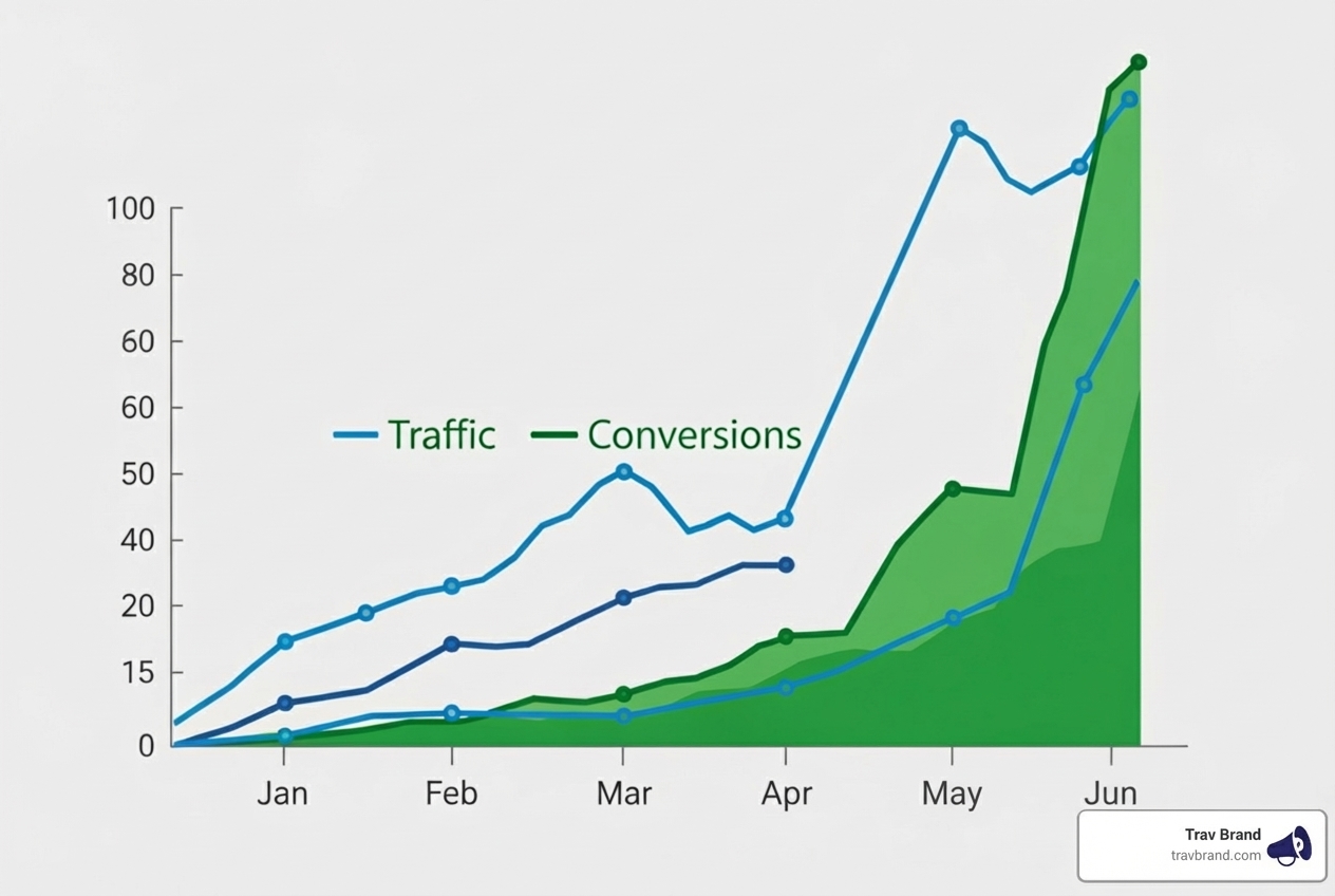 chart showing upward trends in traffic and conversions after an audit - audit content marketing chart showing upward trends in traffic and conversions after an audit - audit content marketing
