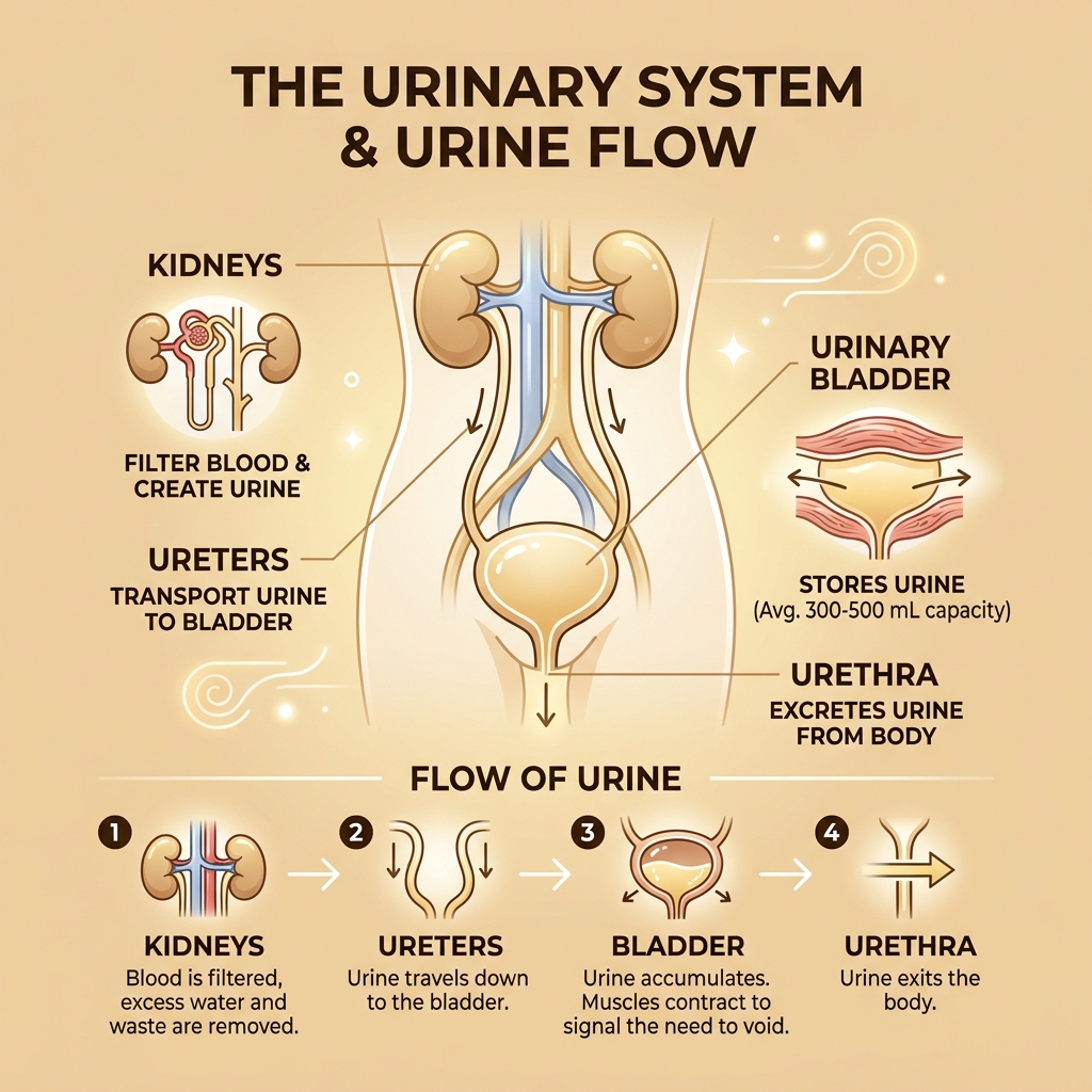 Infographic explaining the anatomy of the urinary system and the flow of urine - cause of regular urination infographic 