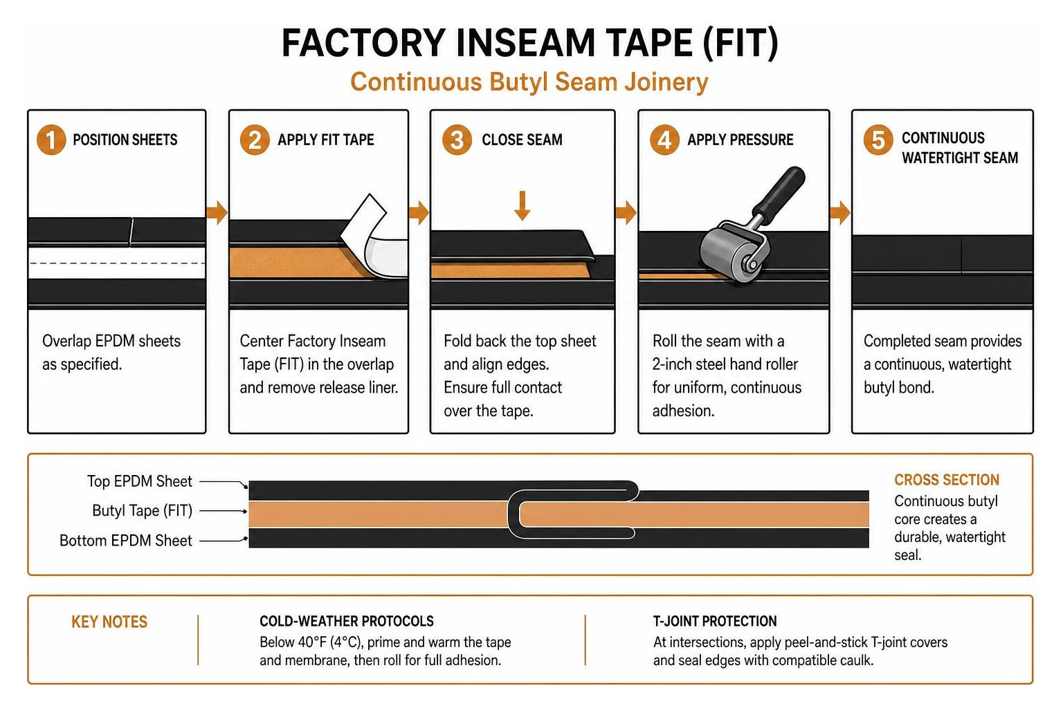 Diagram of Factory Inseam Tape (FIT) continuous butyl seam joinery Diagram of Factory Inseam Tape (FIT) continuous butyl seam joinery