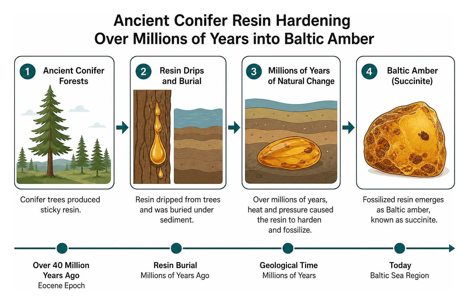 Diagram of ancient conifer resin hardening over millions of years into Baltic amber