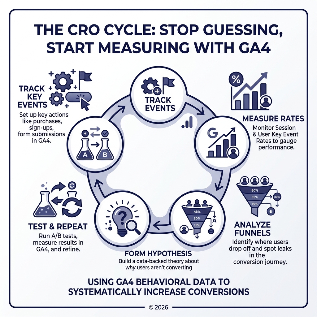 Infographic showing the CRO cycle: Track Key Events, Measure Rates, Analyze Funnels, Form Hypothesis, Test and Repeat Infographic showing the CRO cycle: Track Key Events, Measure Rates, Analyze Funnels, Form Hypothesis, Test and Repeat
