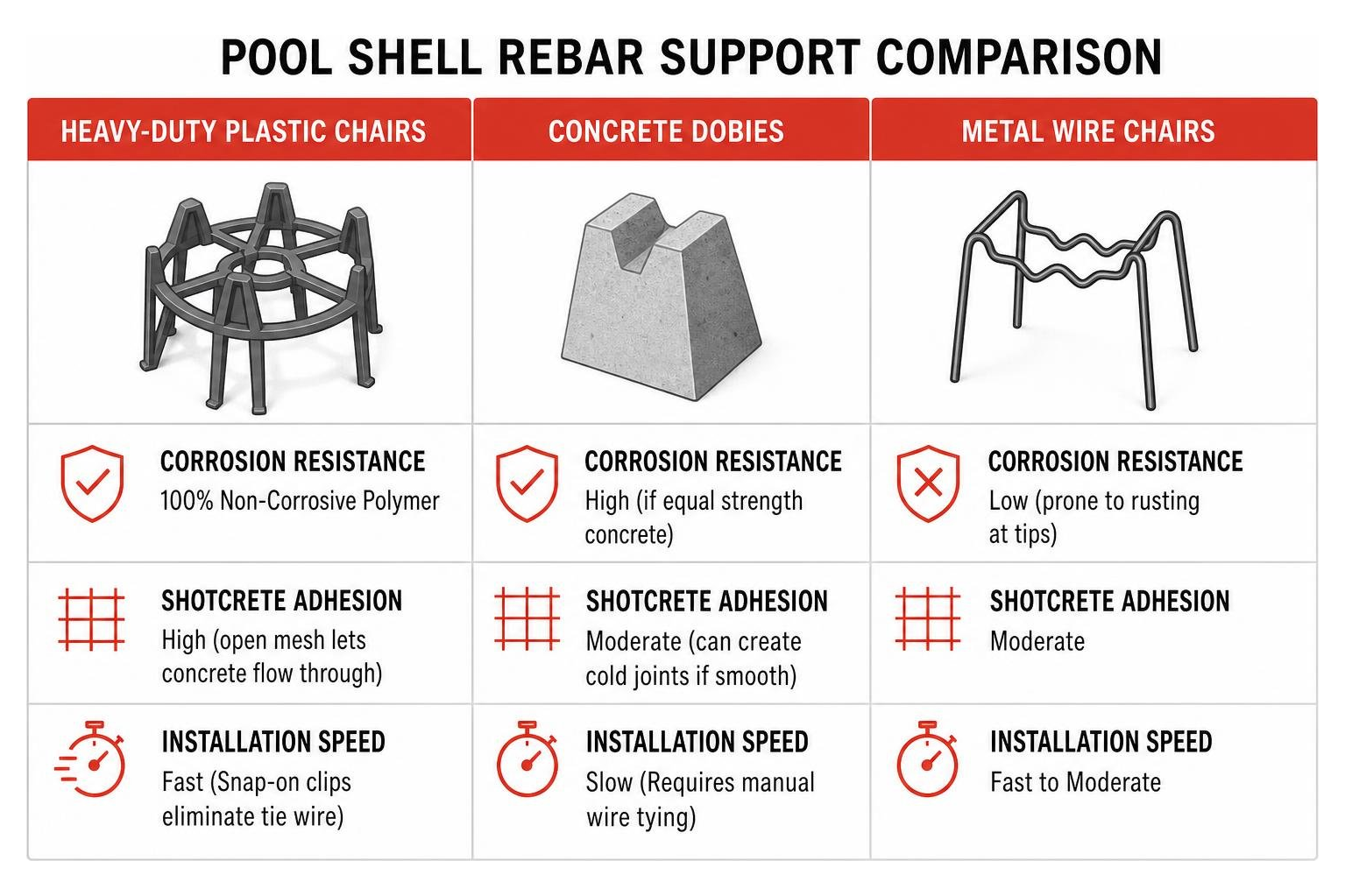 comparison of plastic rebar chairs, concrete dobies, and metal chairs for pool shells