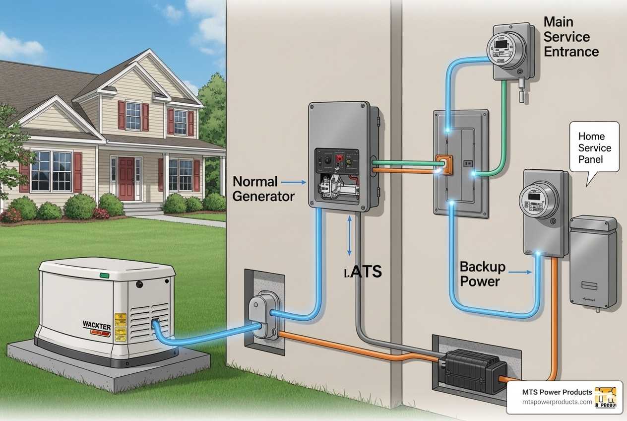 diagram showing generator, transfer switch, and home electrical panel - home backup generators for sale
