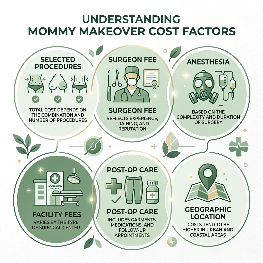 Infographic showing mommy makeover cost factors: procedures, surgeon fee, anesthesia, facility, post-op care, and location