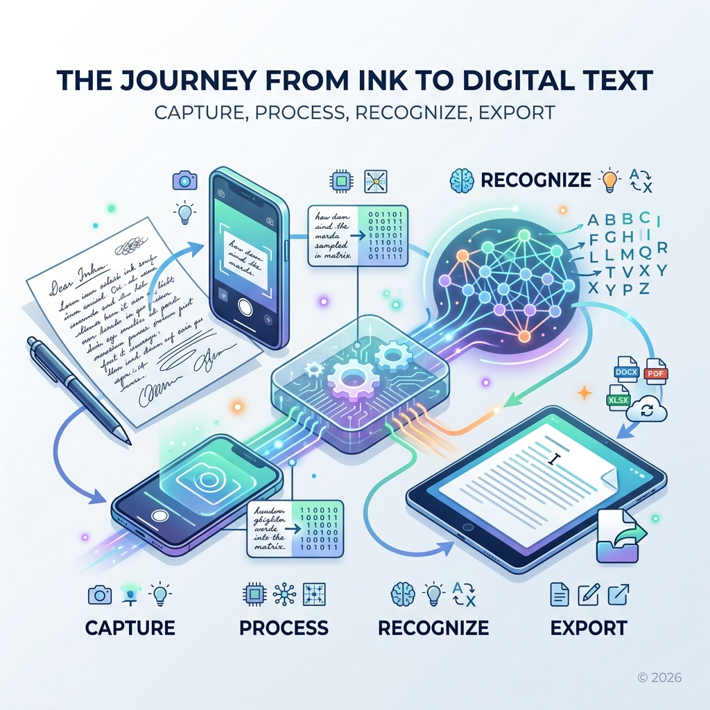 Journey from ink on paper to editable digital text: capture, process, recognize, export - handwriting to text conversion Journey from ink on paper to editable digital text: capture, process, recognize, export - handwriting to text conversion