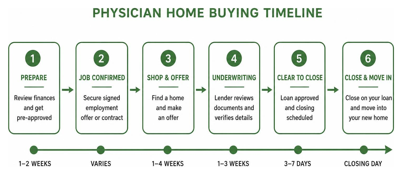 Diagram showing the steps of the physician home buying timeline
