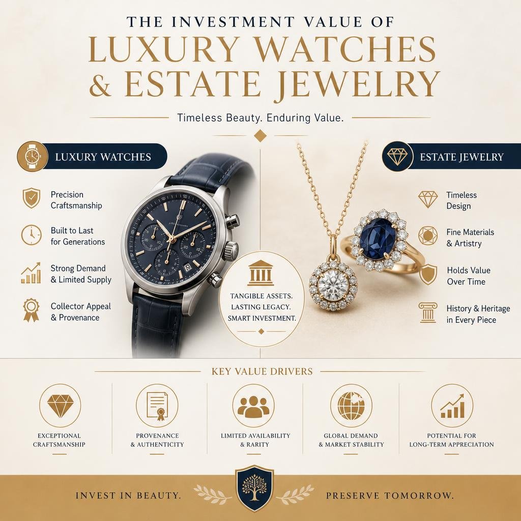 explaining the investment value of luxury watches and estate jewelry infographic