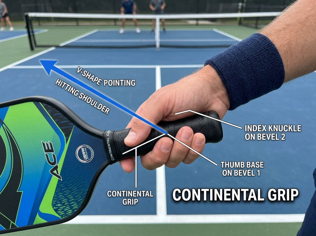 Diagram of the continental grip on a pickleball paddle - easy pickleball approach shot Diagram of the continental grip on a pickleball paddle - easy pickleball approach shot