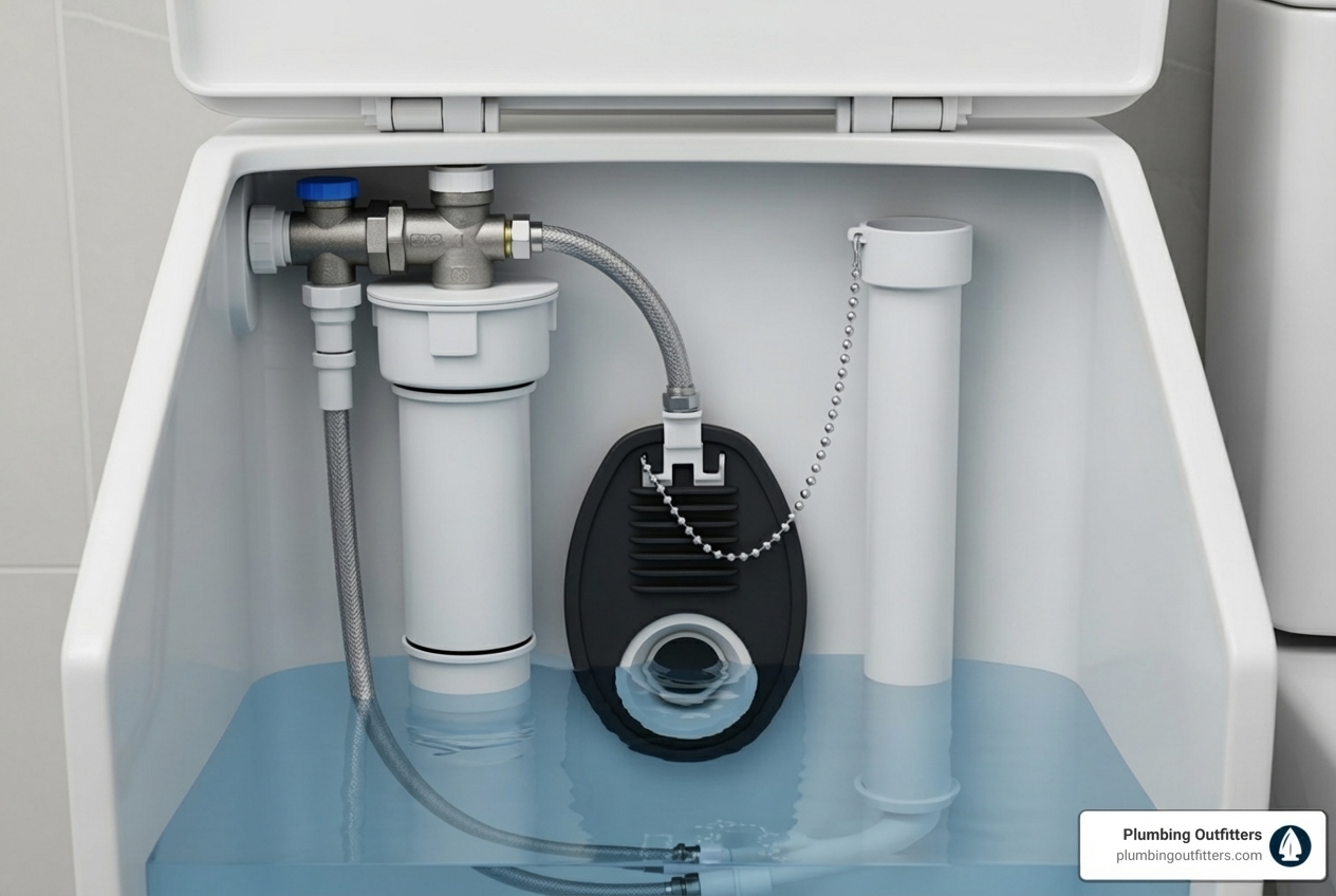 detailed infographic showing toilet anatomy with labeled parts including handle, lift chain, flapper, fill valve, overflow tube, flush valve, tank, bowl, trapway, and wax ring, with arrows indicating water flow during a flush cycle - toilet won’t flush repair in cedar park, tx Toilet tank components with water, including fill valve, flush mechanism, and chain, illustrating common plumbing issues in Cedar Park homes.